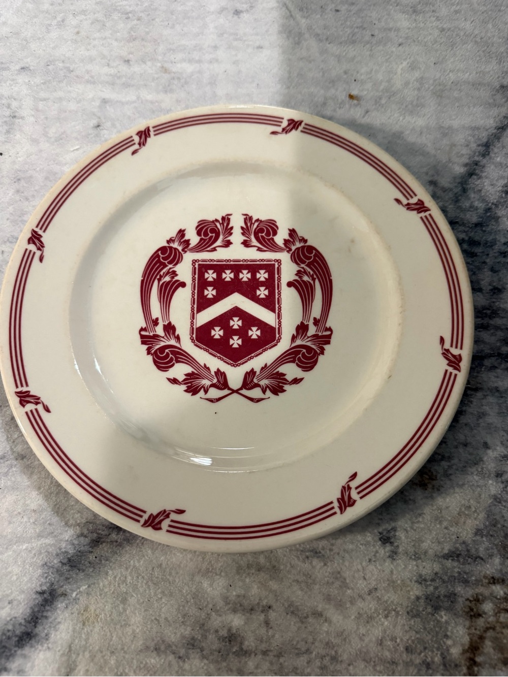 Syracuse China (15-B) Classic White Ceramic Plate with Maroon Crest Accent